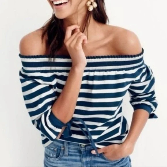 J Crew Women's Nautical Navy and White Striped Off the Shoulder 3/4 Sleeve Top - Picture 2 of 9